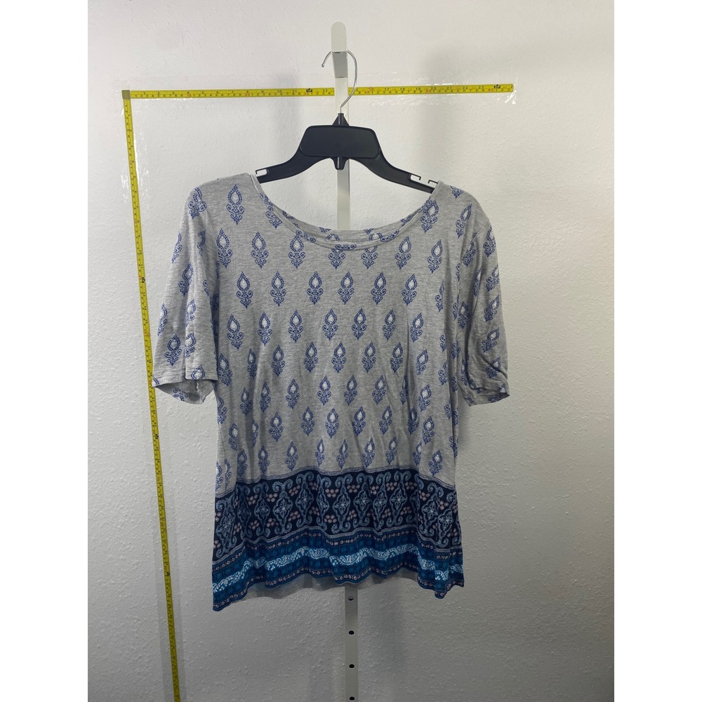 Loft Womens Medium Gray Blue Damask Border Print Short Sleeve Scoop Neck T-Shirt
